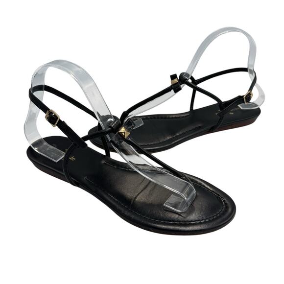 Kate Spade New York Black Leather Gold Gem Bow Strappy Flat Thong Sandals - Picture 1 of 11